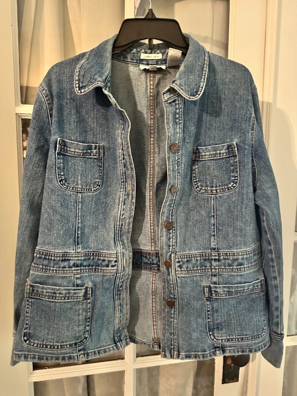 Jones New York Sport Stretch Classic Denim Jean Jacket. Button down denim jacket